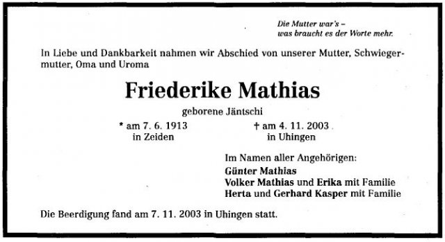 Jaentschi Friederike 1913-2003 Todesanzeige
